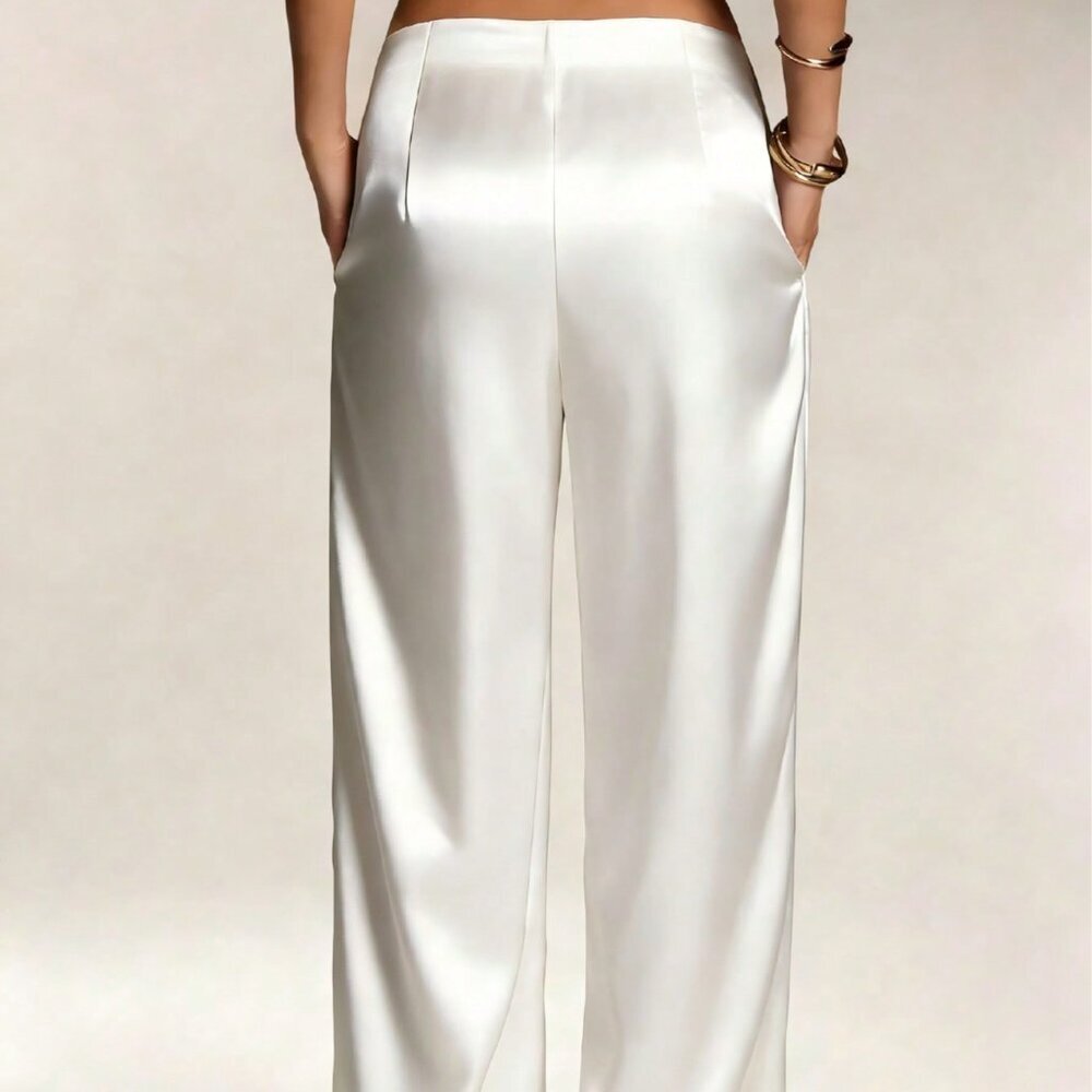 White Elegant Women's Satin Silk Pants with Pockets and Zipper - Picture 2 of 4